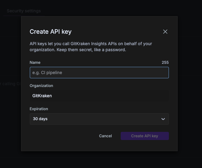 Create API key dialog