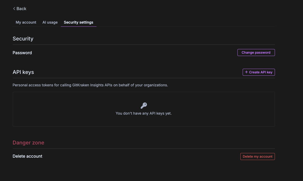 GitKraken Security settings, API keys section